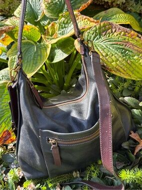 Fossil Black Leather Messenger Bag with Brown Strap
